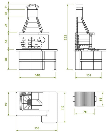 Palazzetti Tropea 4 barbecue a legna con braciere laterale con piano in Marmotech effetto granito grigio