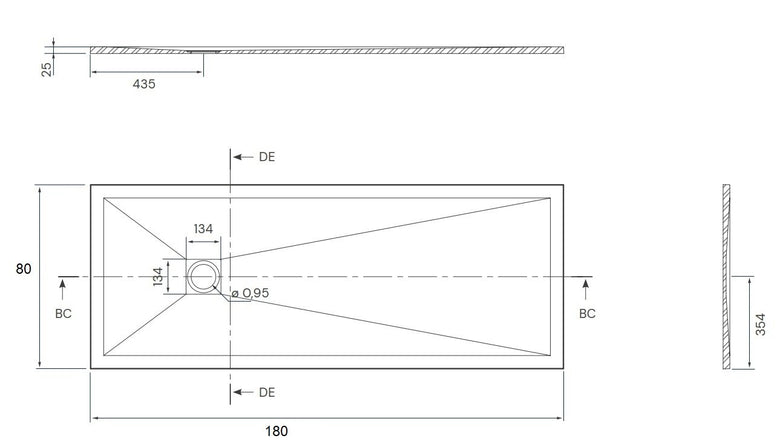 Piatto Doccia 80x180 Desio effetto pietra in Mineralmarmo visto dall'alto con superficie e piletta di scarico - Exagonshop