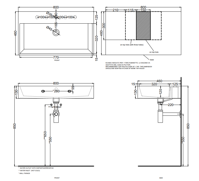 Cielo Smile Lavabo monoforo 80x46 sospeso o da appoggio con, vista frontale su sfondo bianco