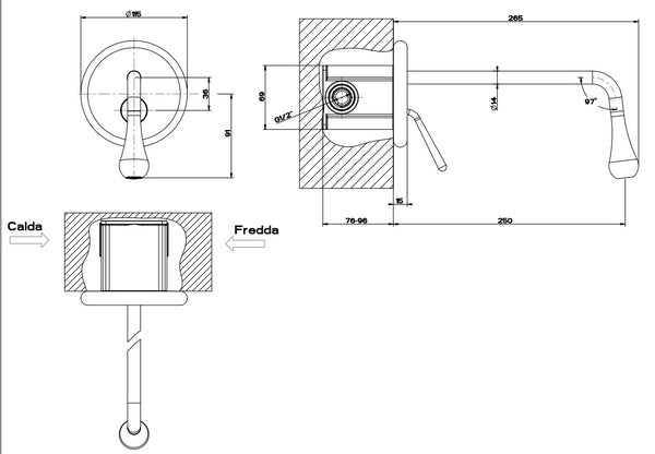 Parte esterna miscelatore lavabo monocomando a parete bocca lunga senza scarico senza parte incasso cromo Goccia 33686 Gessi