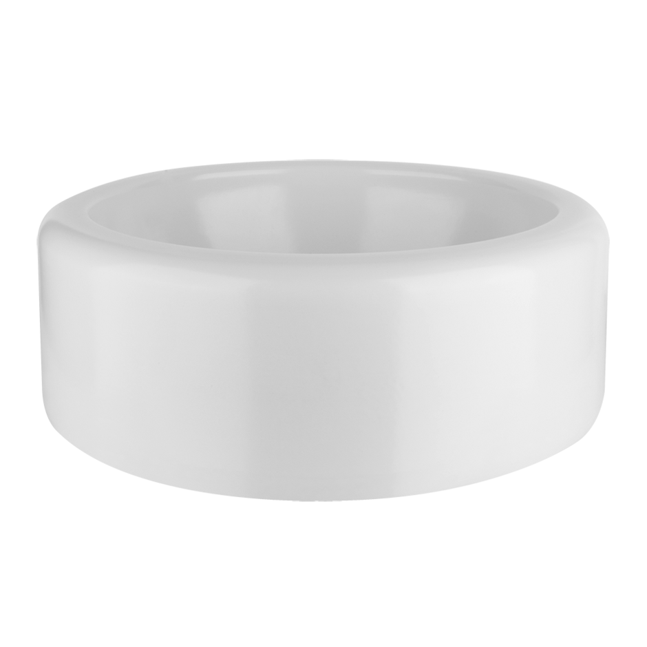 Lavabo tondo 45 cm da Appoggio in Gres Bianco lucido Goccia ambientato su piano bagno con accessori