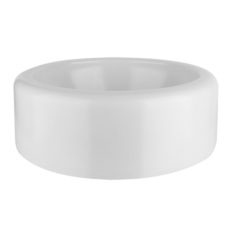Lavabo tondo 45 cm da Appoggio in Gres Bianco lucido Goccia ambientato su piano bagno con accessori