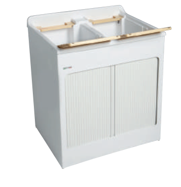 Colavene Lavacril Lavatoio 80x60 due vasche in abs installato su lavello, vista della bocca e della leva