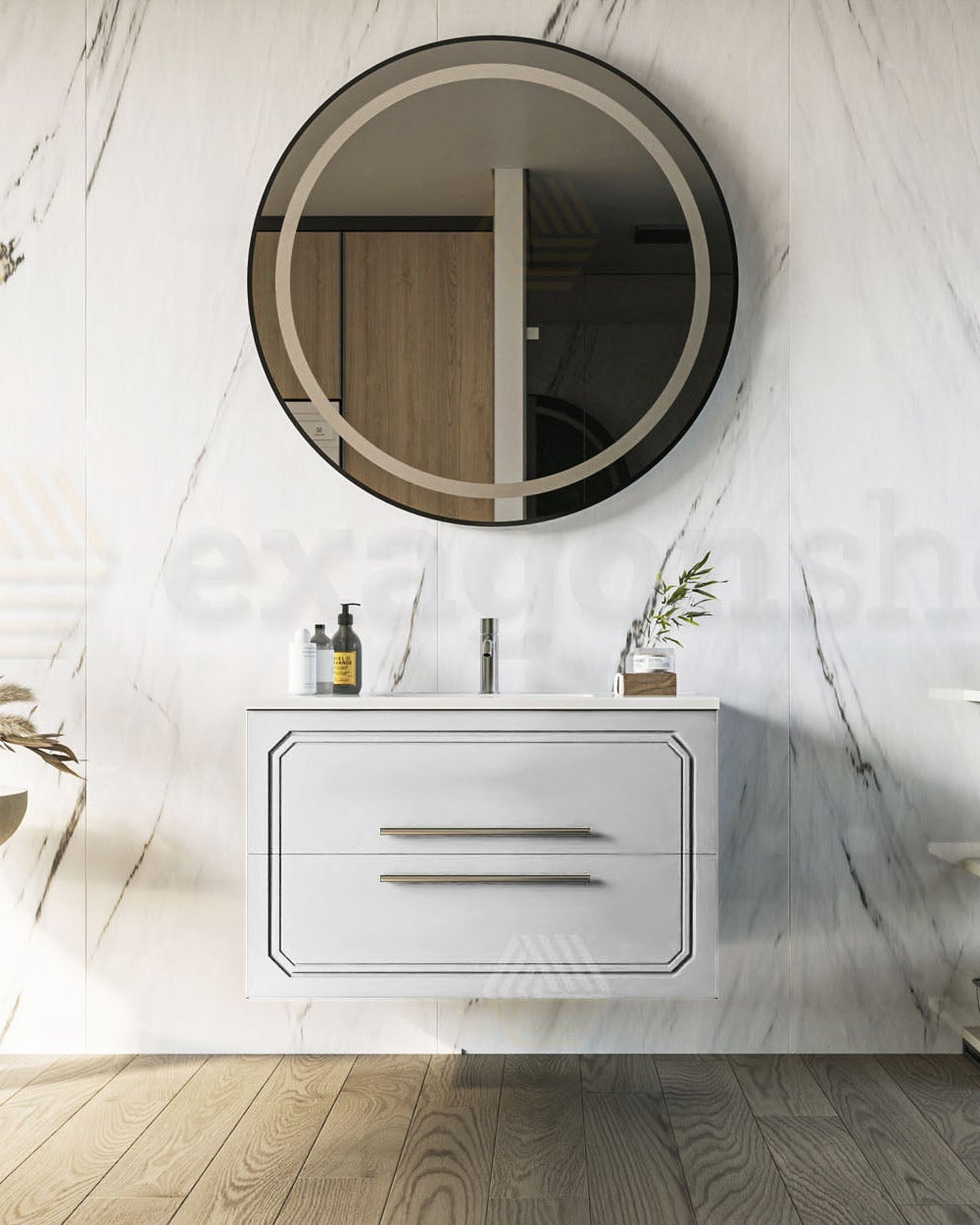Mobile bagno bianco lucido 80x46 Vienna con lavabo in con lavabo e rubinetteria, vista frontale su sfondo neutro - Exagonshop