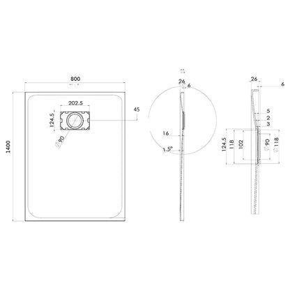 Quarzo piatto doccia 140x80 in smc effetto pietra ardesia nero