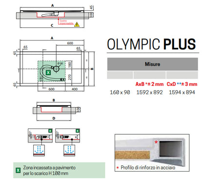 Novellini Olympic Plus Piatto Doccia 170x90 Rettangolare Bordo Alto 4,5 Cm con Supporto Rinforzato bianco