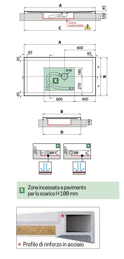 Novellini Olympic Plus Piatto Doccia 140x90 Rettangolare Bordo Alto 4,5 Cm con Supporto Rinforzato bianco