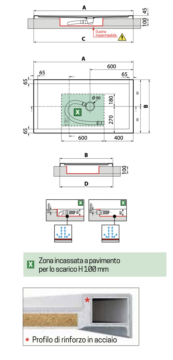Novellini Olympic Plus Piatto Doccia 120x80 Rettangolare Bordo Alto 4,5 Cm con Supporto Rinforzato bianco