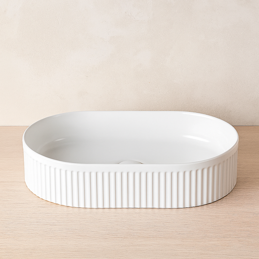 Lavabo 50x32 Roma cannettato ovale da appoggio bianco lucido