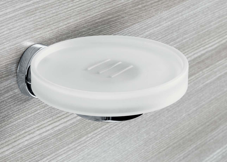 Colombo Nordic Porta Sapone a Parete in Vetro Acidato, dettaglio ravvicinato del materiale e dell'aggancio - Colombo Design