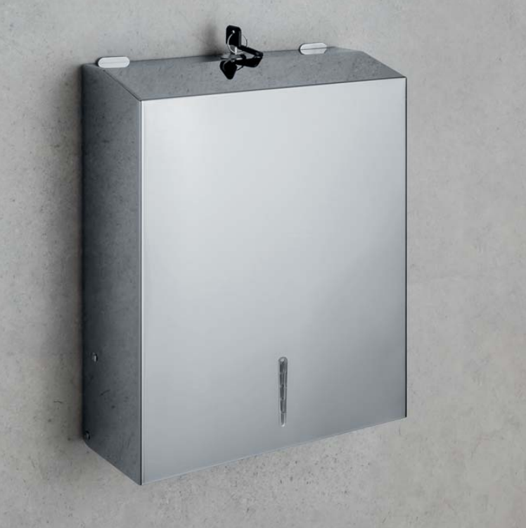 Colombo Contract Distributore di Salviette Cromo in acciaio inox montato a parete, vista del design e della finitura...