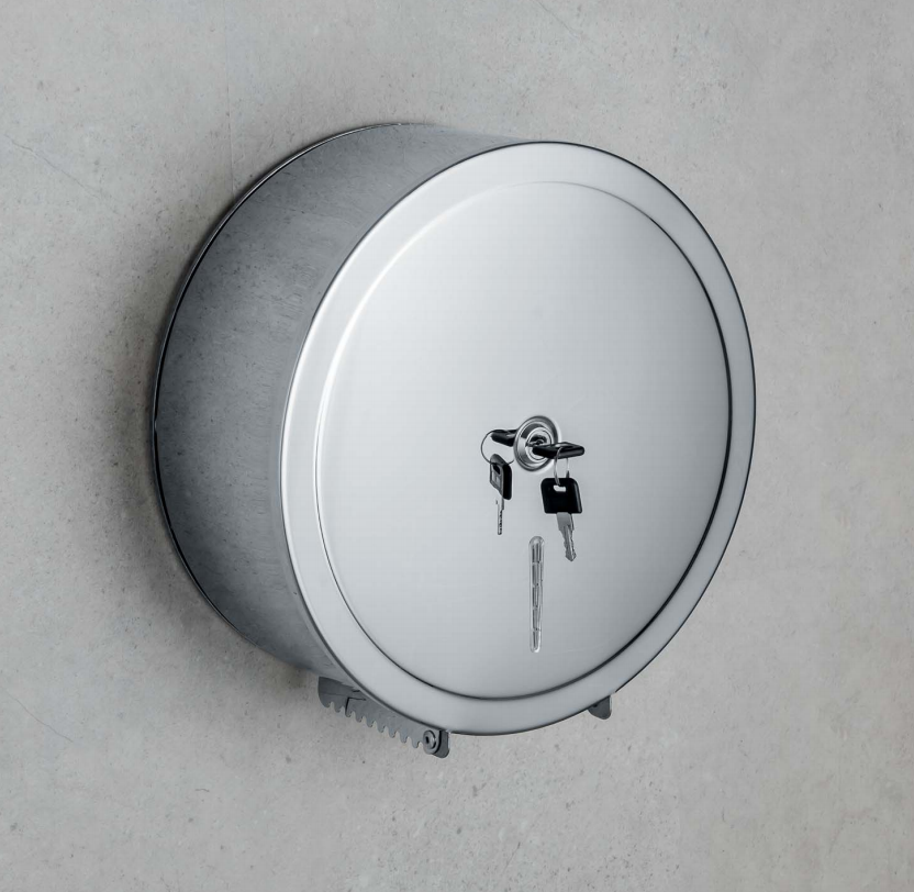 Colombo Contract Distributore per Rotoli di Carta Igienica in acciaio inox montato a parete, vista del design e della...