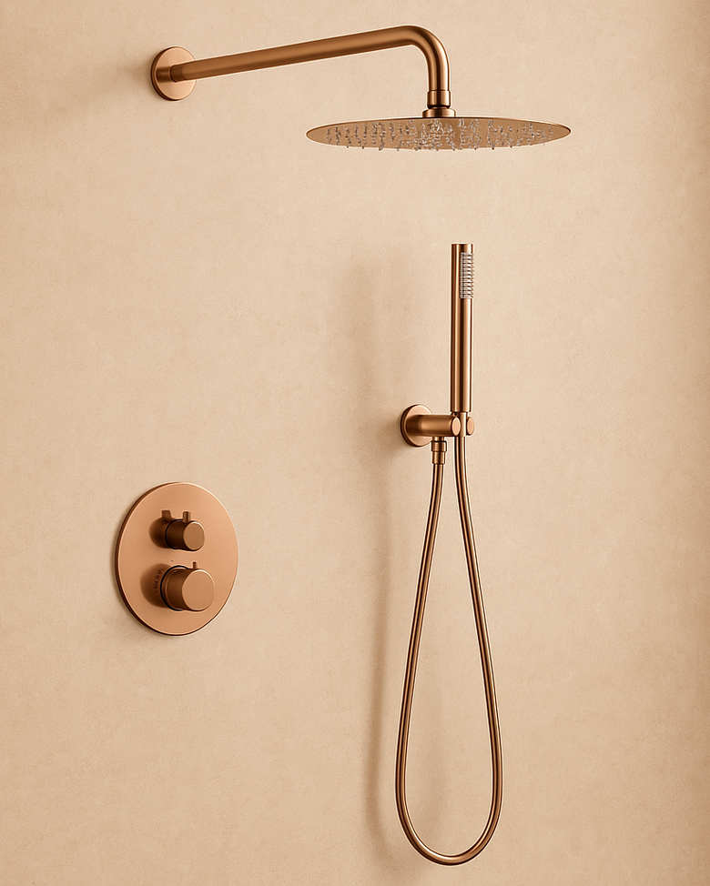 Set doccia termostatico da incasso soffione 25 cm oro rosa in spazzolato, vista frontale della maniglia e della bocca di...