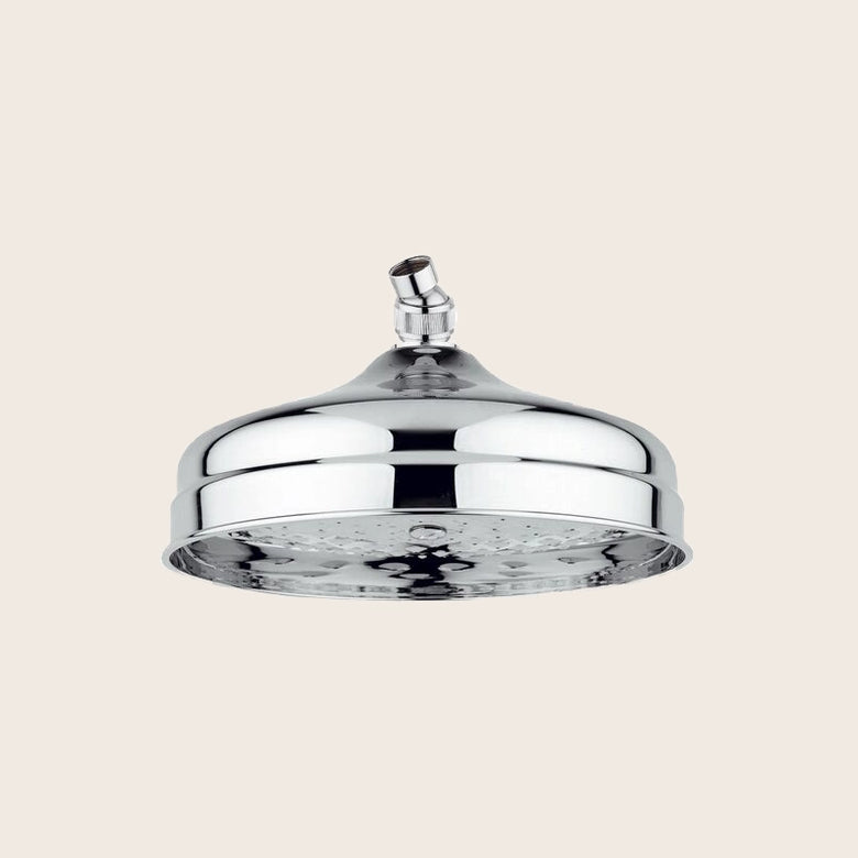 Paffoni Belinda zsof046 soffione classico 21 cm in metallo, vista frontale della maniglia e della bocca di erogazione