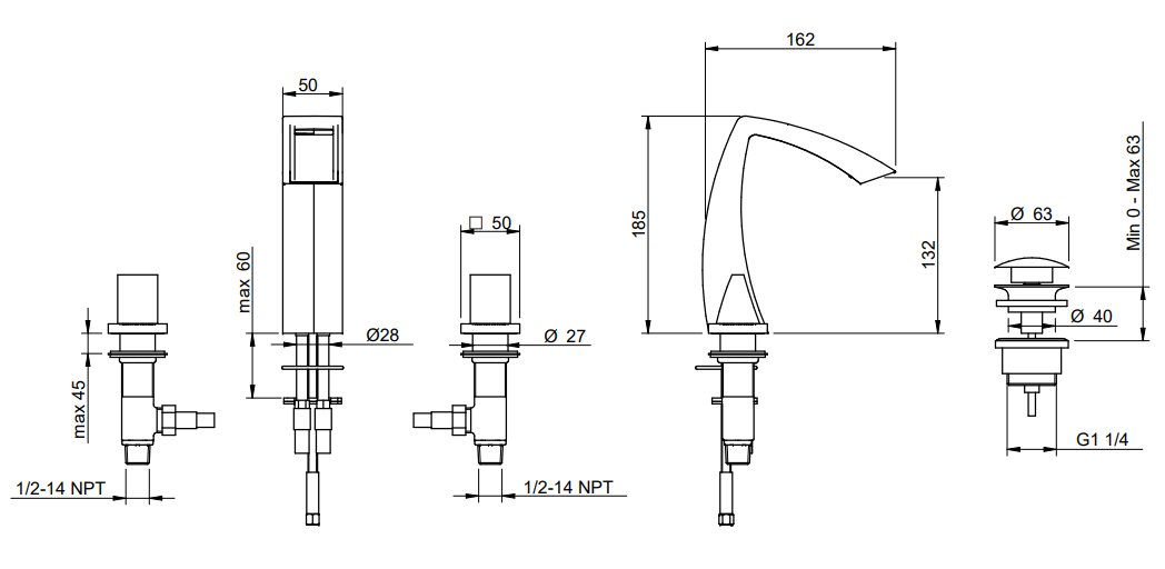 Treemme Arche IT3216CCKAZZ batteria lavabo 3 fori con Cromo Lucido, vista laterale del profilo e della forma...