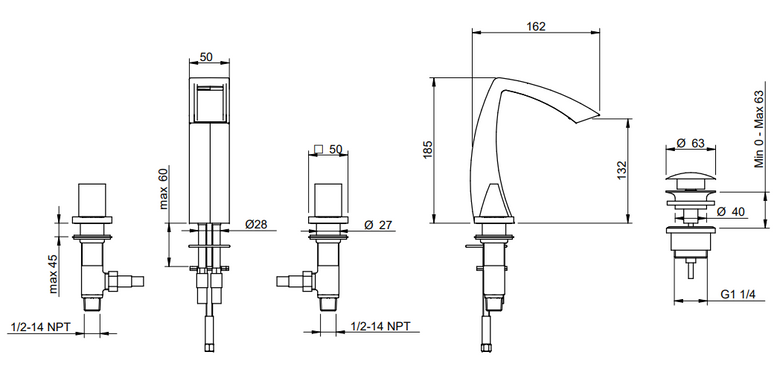 Treemme Arche IT3216CCKAZZ batteria lavabo 3 fori con Cromo Lucido, vista laterale del profilo e della forma...