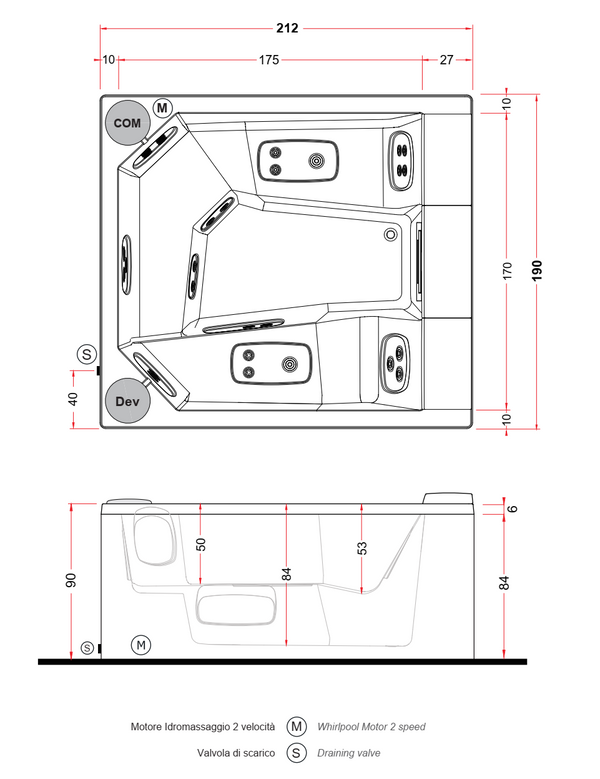 Treesse Quarz Light 212 Minipiscina 212x190 H.90 Idromassaggio Da Esterno Con Cromoterapia Riscaldamento Antigelo Copertura Termica E Rivestimento Grigio