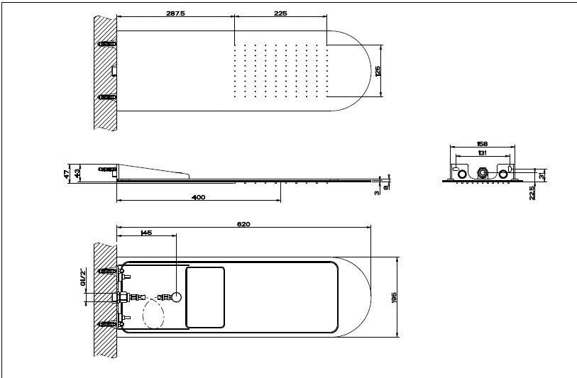 Gessi Tremillimetri Soffione 62x19 a parete Mirror Steel, dettaglio ravvicinato della finitura e del marchio