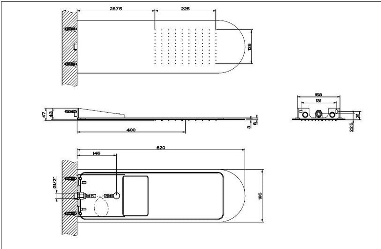 Gessi Tremillimetri Soffione 62x19 a parete Mirror Steel, dettaglio ravvicinato della finitura e del marchio