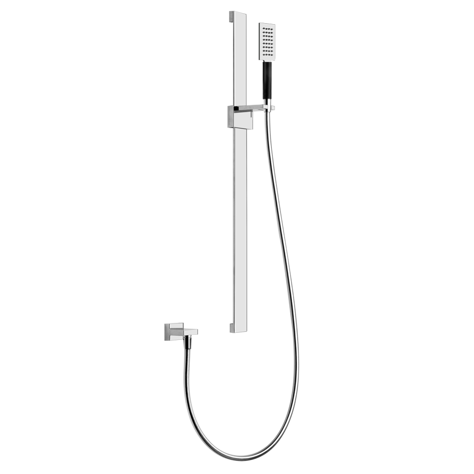 Gessi Asta doccia Saliscendi Con Doccetta mirror steel Tre, dettaglio ravvicinato della finitura e del marchio