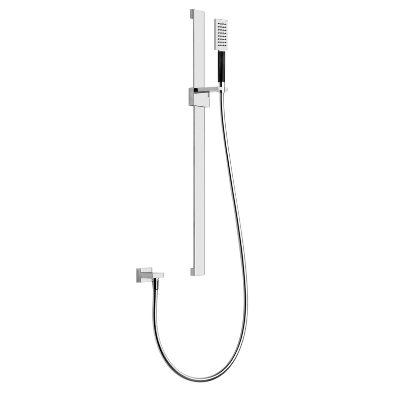 Gessi Asta doccia Saliscendi Con Doccetta mirror steel Tre, dettaglio ravvicinato della finitura e del marchio