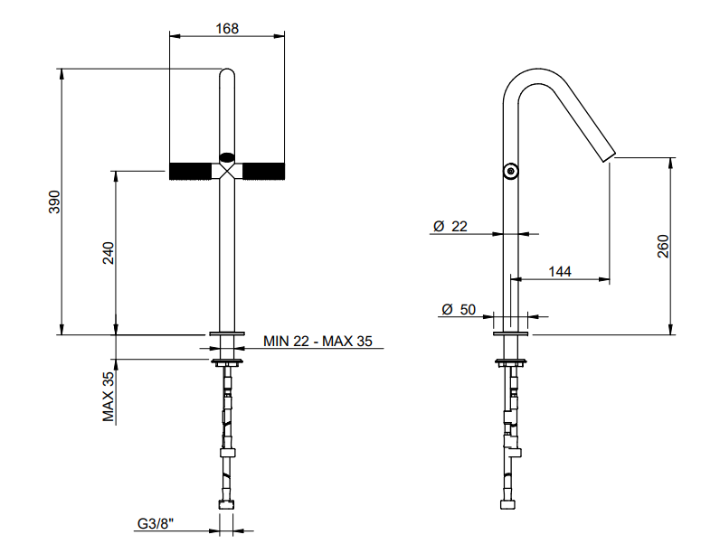 Treemme 22mm IT6015IS2GZZ miscelatore lavabo alto monoforo Acciaio visto dall'alto con scarico e interno visibili...