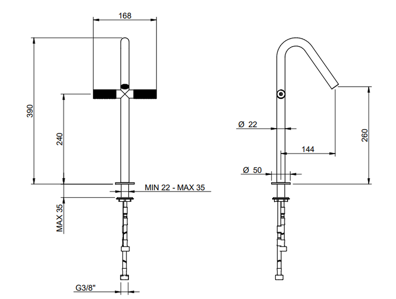 Treemme 22mm IT6015IS2GZZ miscelatore lavabo alto monoforo Acciaio visto dall'alto con scarico e interno visibili...