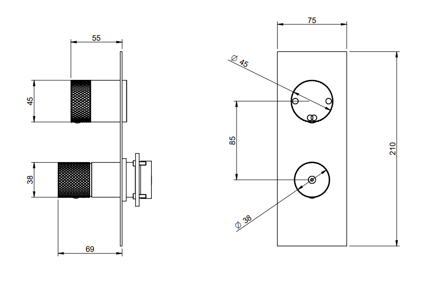 Disegno tecnico con quote di Treemme 22mm RWIT11A2IS01 miscelatore doccia monocomando a Acciaio - Rubinetterie Treemme