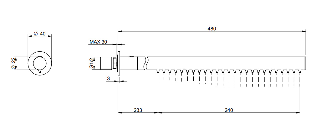 Treemme 22mm RWIT1147IS03 soffione stick a parete 48 cm in, vista laterale del profilo - Rubinetterie Treemme