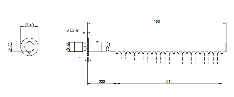 Treemme 22mm RWIT1147IS03 soffione stick a parete 48 cm in, vista laterale del profilo - Rubinetterie Treemme