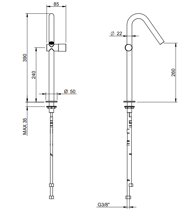 Treemme 22mm it1118is2hzz miscelatore lavabo monocomando Acciaio, vista laterale del profilo e della forma - Rubinetterie...