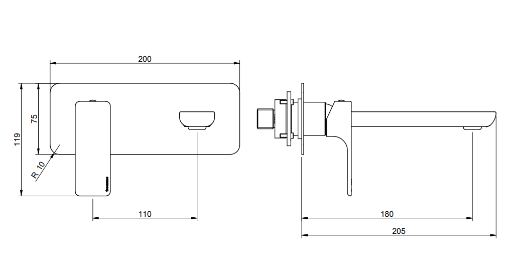 Treemme Hask miscelatore lavabo a muro 180mm senza parte Cromo Lucido, vista laterale del profilo e della forma...