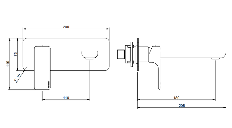 Treemme Hask miscelatore lavabo a muro 180mm senza parte Cromo Lucido, vista laterale del profilo e della forma...