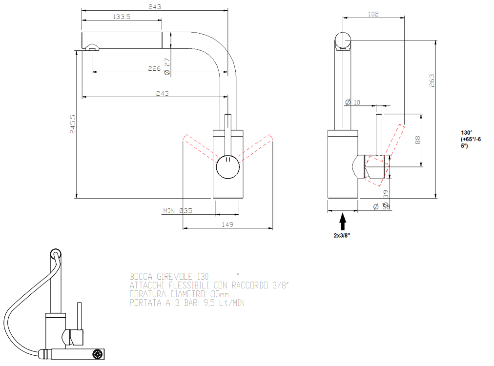 Disegno tecnico con quote di Treemme 40mm IT1343IS40ZZ miscelatore da cucina con bocca Acciaio - Rubinetterie Treemme