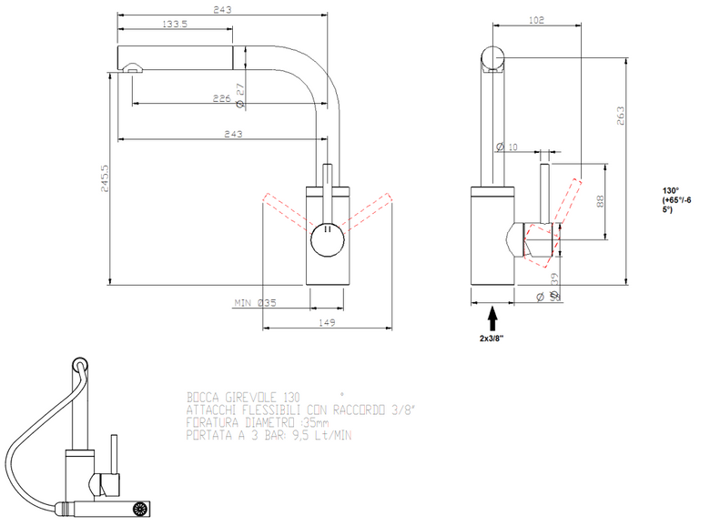 Disegno tecnico con quote di Treemme 40mm IT1343IS40ZZ miscelatore da cucina con bocca Acciaio - Rubinetterie Treemme
