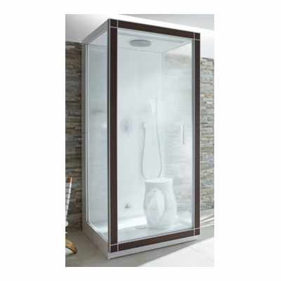 Novellini Opera Box doccia 140x80 uno scorrevole H 200 installato in bagno moderno con ante in vetro temperato