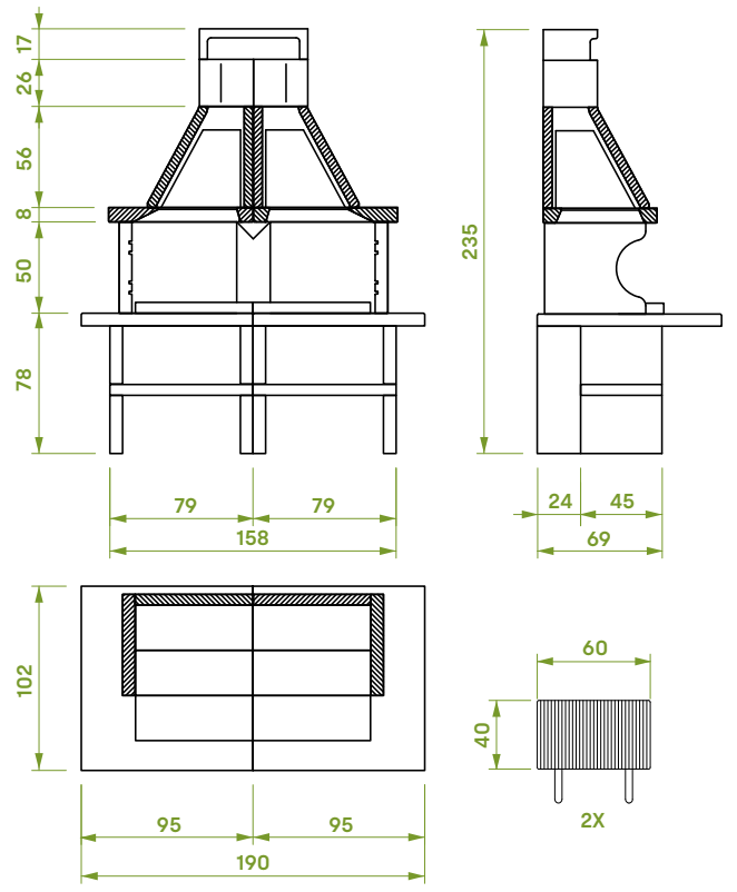Schema tecnico di installazione di Palazzetti Patmos barbecue a legna doppio grill piano in con canna fumaria