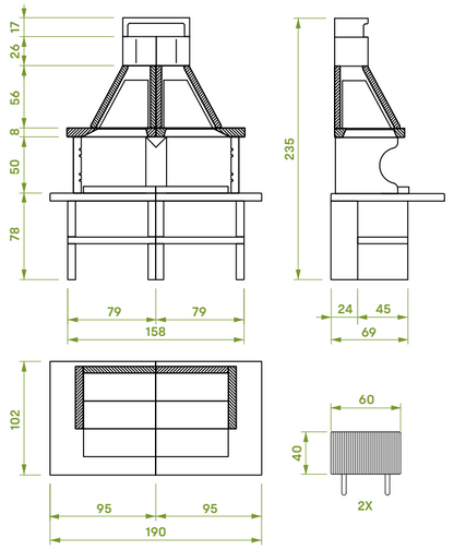 Palazzetti Patmos barbecue a legna con due aree grill e piano in marmotech effetto granito grigio