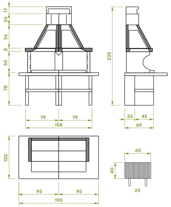 Palazzetti Patmos barbecue a legna con due aree grill e piano in marmotech effetto granito grigio