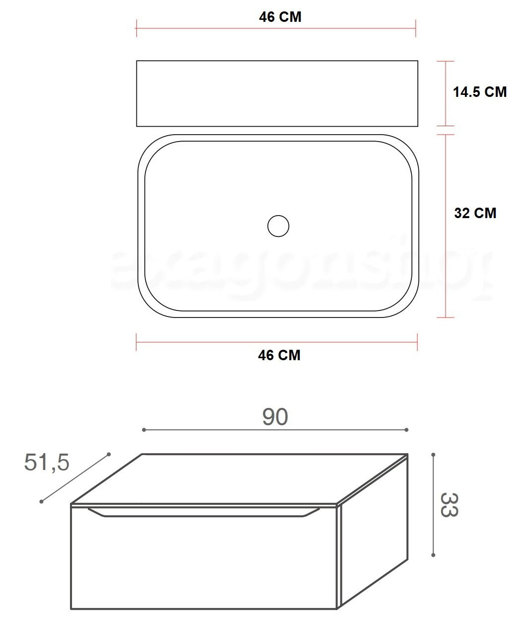 Mobile Bagno rovere 90x50 Amalfi con Lavabo da appoggio in con lavabo e rubinetteria, vista frontale su sfondo neutro...