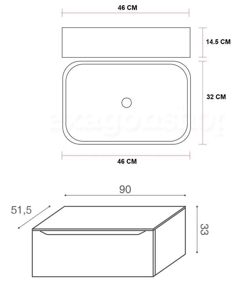 Mobile Bagno rovere 90x50 Amalfi con Lavabo da appoggio in con lavabo e rubinetteria, vista frontale su sfondo neutro...