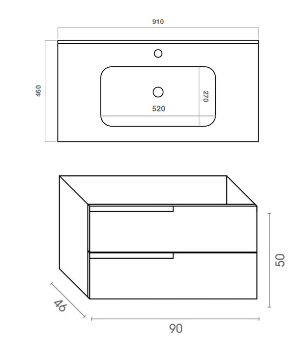 Mobile bagno noce 90x46 Sorrento maniglia sinistra e lavabo in ceramica