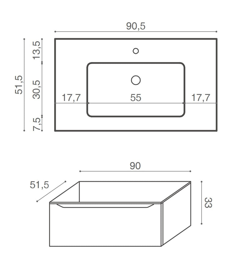 Mobile Bagno rovere 90x50 Amalfi Lavabo Mineralmarmo lucido con lavabo e rubinetteria, vista frontale su sfondo neutro...