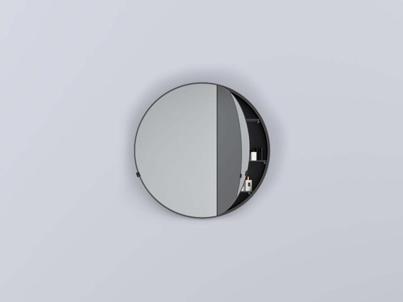 Cielo I Catini Round Box Specchio contenitore 90 cm tondo con lavabo e rubinetteria, vista frontale su sfondo neutro