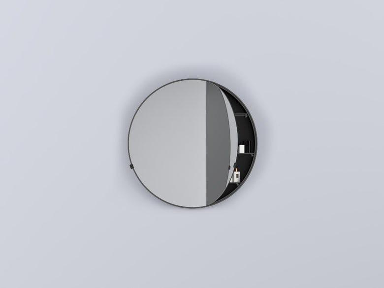Cielo I Catini Round Box Specchio contenitore 90 cm tondo con lavabo e rubinetteria, vista frontale su sfondo neutro