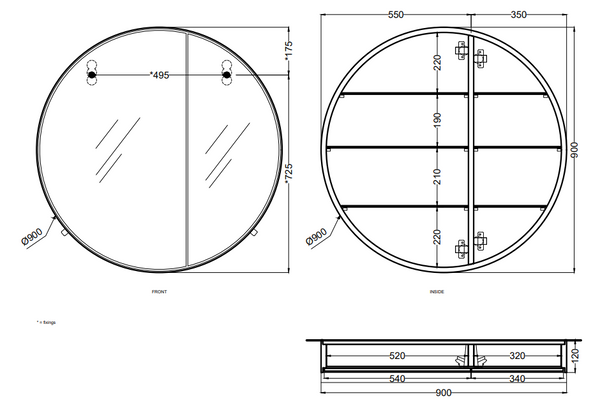 Cielo I Catini Round Box Specchio contenitore 90 cm tondo Con ripiani in vetro e Scocca Laccata in legno cemento