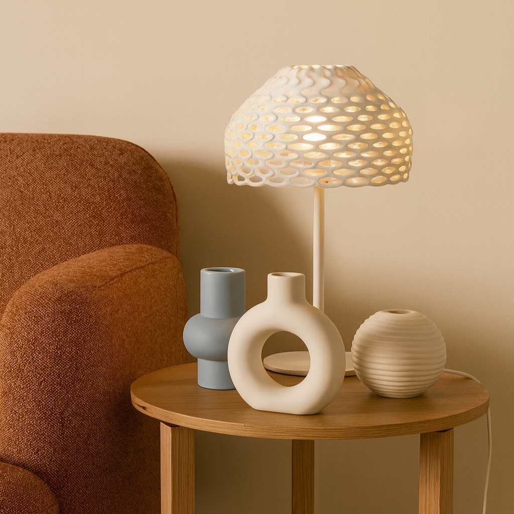 Flos Tatou Table Lampada da tavolo bianco in policarbonato accesa in ambiente, design e diffusione della luce