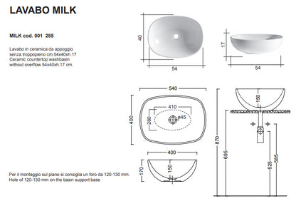 Milk Lavabo Appoggio 54x40x17 Bianco Lucido