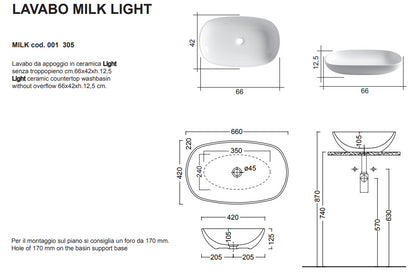 Milk Light Lavabo da Appoggio 66x42 Bianco Lucido