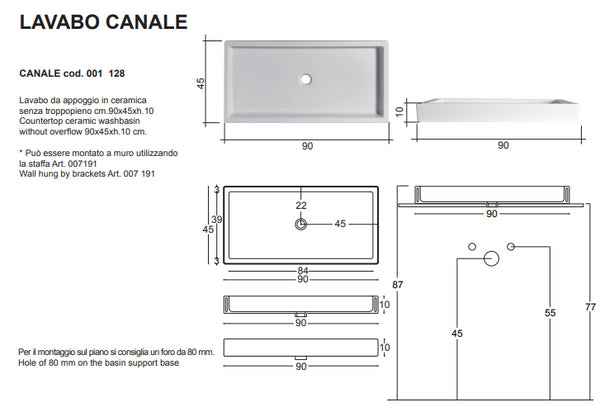Canale Lavabo 90x45 Bianco Lucido